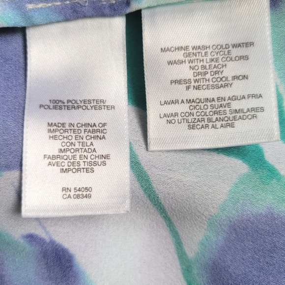 Anne Klein Flowy Fake Wrap Green Blue White Blouse Scooped Waist Women’s Size L - Picture 10 of 12